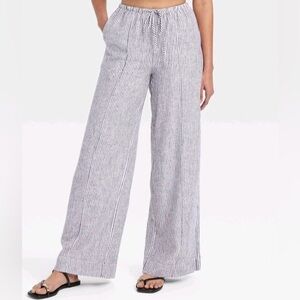 A New Day Women's High-Rise Wide Leg Linen Pull-On Pants Black/White Striped